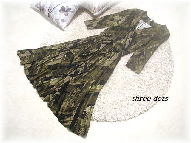 送料無料*スリードッツ/three dots*胸元カシュクール総柄プリントワンピース/ウエストリボン/ストレッチレーヨン/米国製/F_画像1