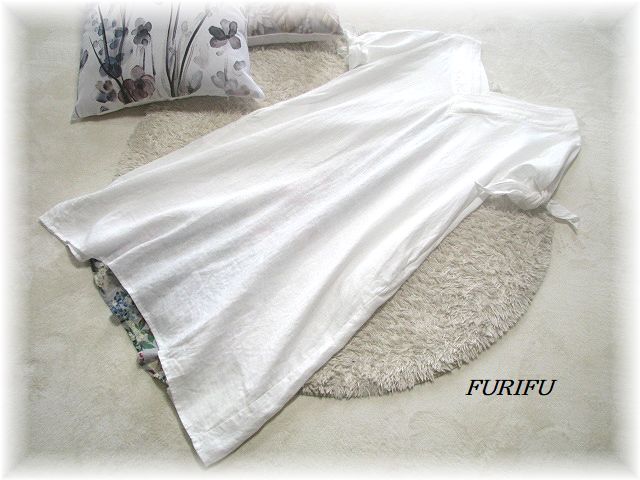 送料無(wú)料*ふりふ/FURIFU*和柄プリント切り替えリネンワンピース/著物衿/袖リボンデザイン/麻100%/ウォッシャブル/Free