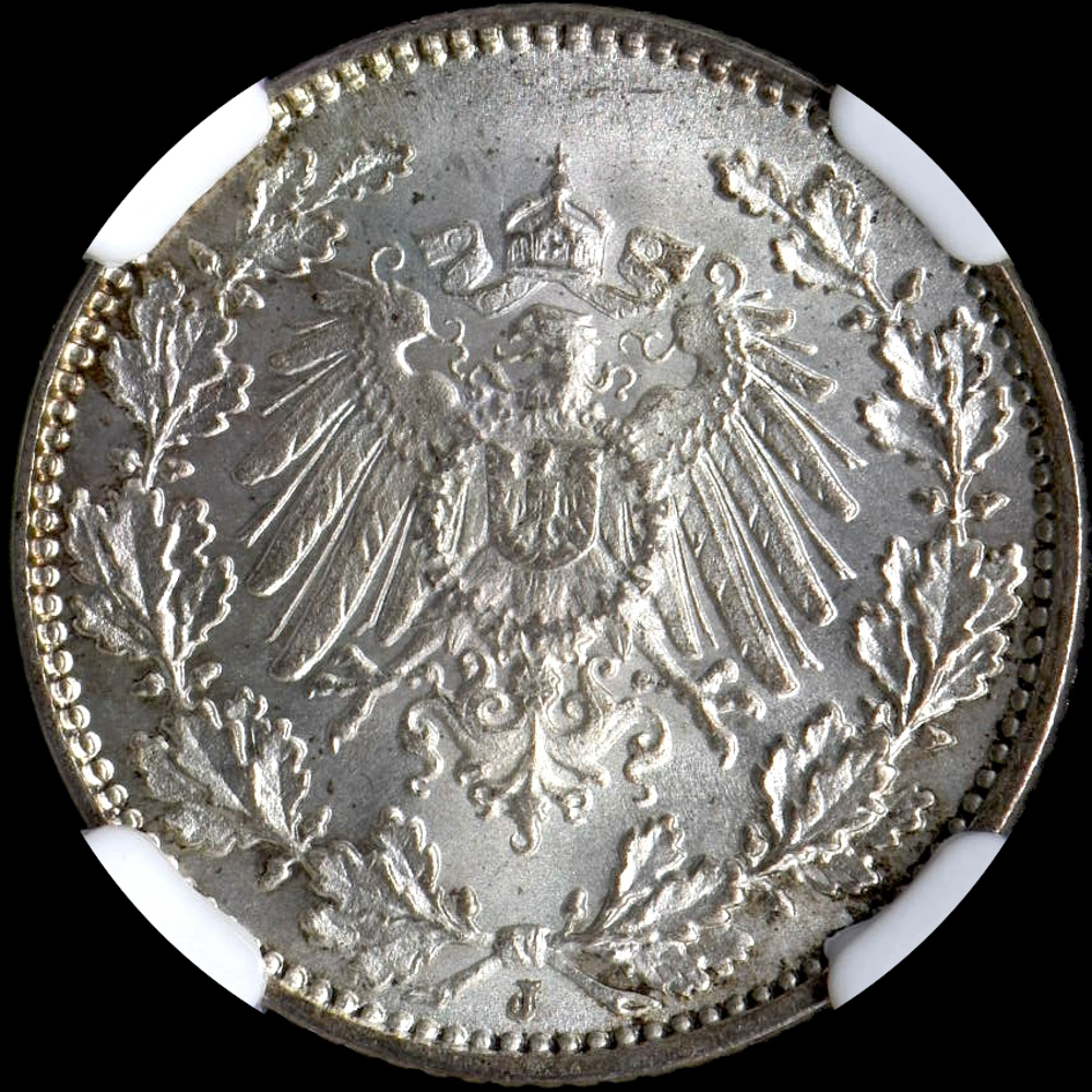 ☆日終 【NGC MS66 鑑定数少】1914J ドイツ 1/2M銀貨 完全未使用