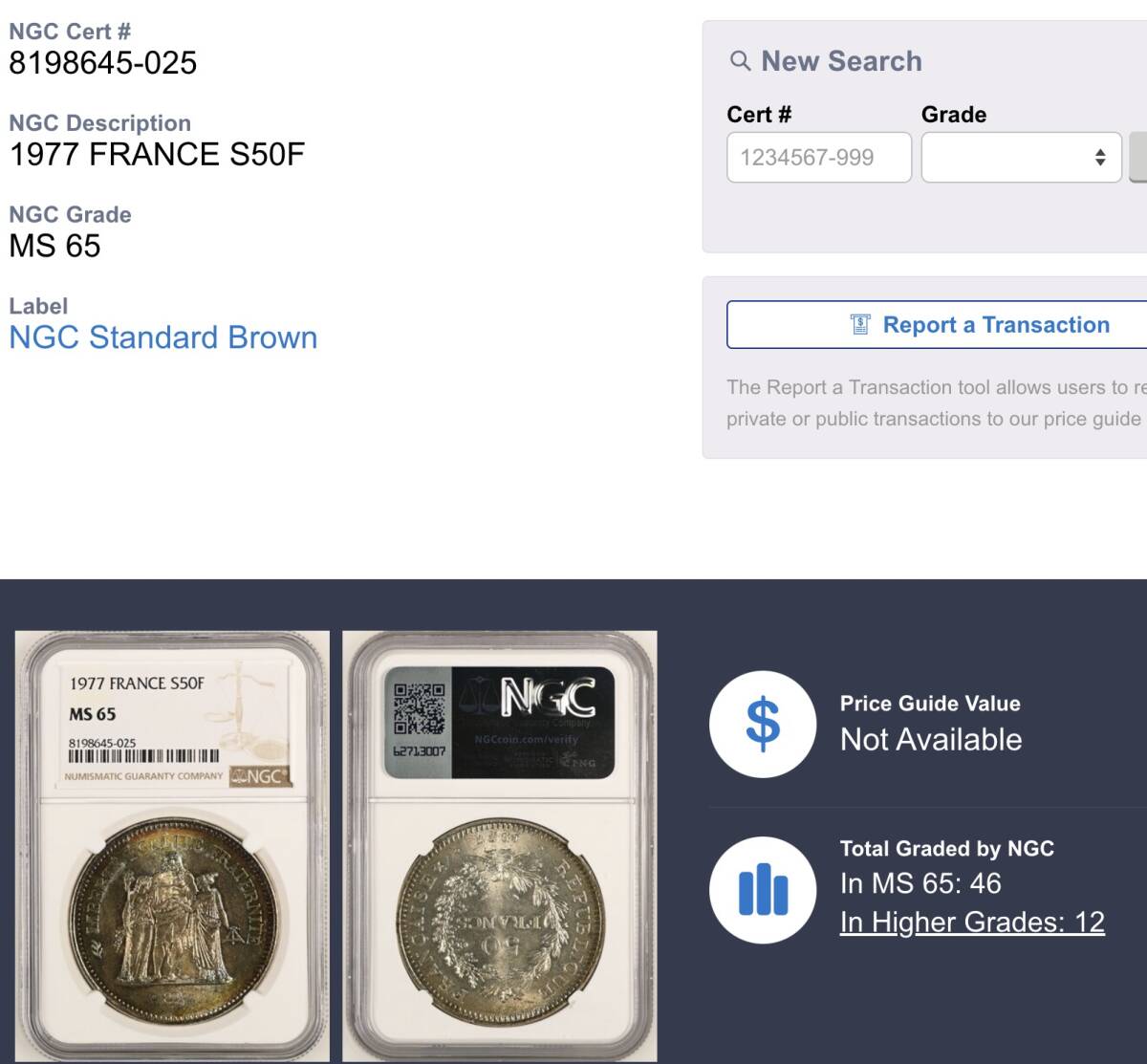 ☆日終 【NGC MS65 トーン】1977 フランス S50F銀貨 完全未使用 ☆日終 【NGC MS65 トーン】1977 フランス S50F銀貨 完全未使用