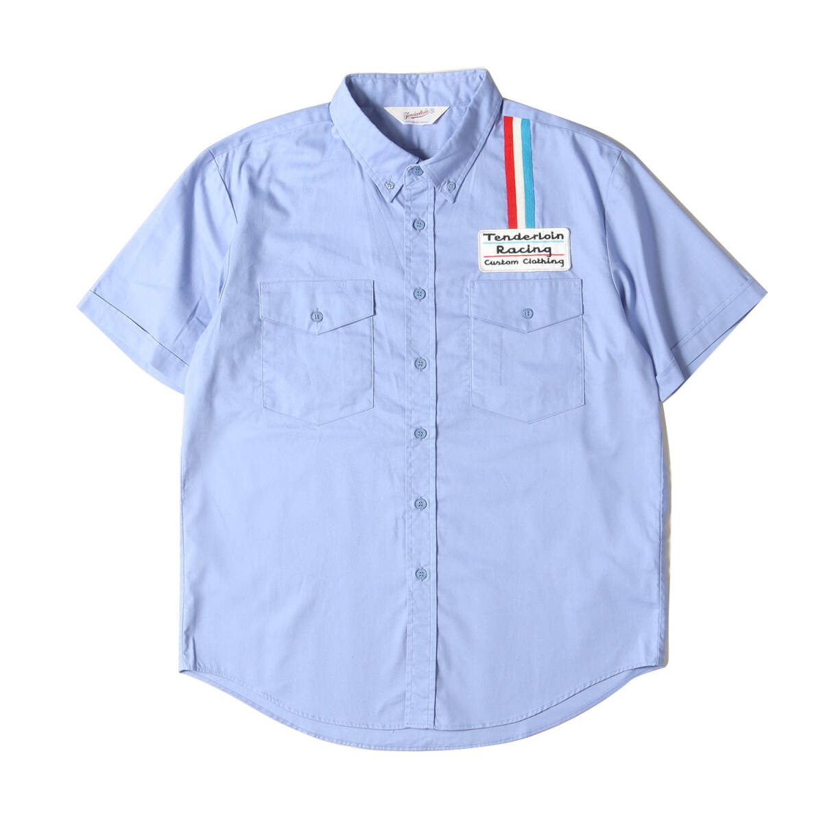 TENDERLOIN テンダーロイン シャツ サイズ:S ワッペン付き レーシング ボタンダウン 半袖シャツ T-RACING SHT U BD S/S サックス トップス