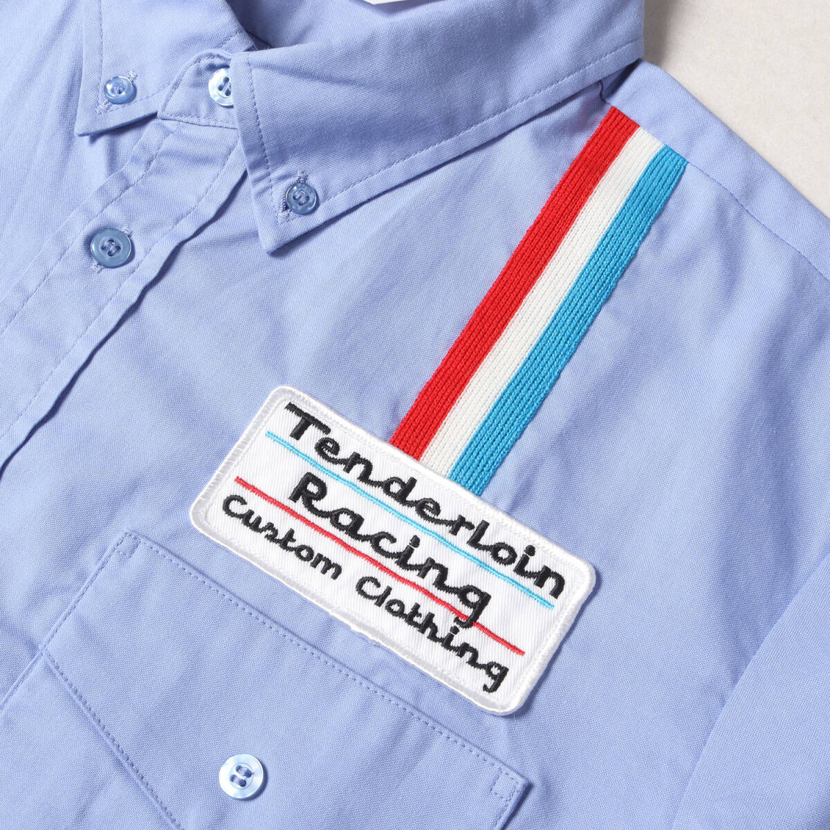 TENDERLOIN テンダーロイン シャツ サイズ:S ワッペン付き レーシング ボタンダウン 半袖シャツ T-RACING SHT U BD S/S サックス トップス