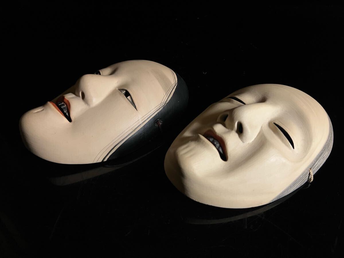 ◇鸛◇ 古美術品 木彫 能面 小面 姥 2点纏めて 在銘 面袋 収納箱 ◇鸛◇ 古美術品 木彫 能面 小面 姥 2点纏めて 在銘 面袋 収納箱