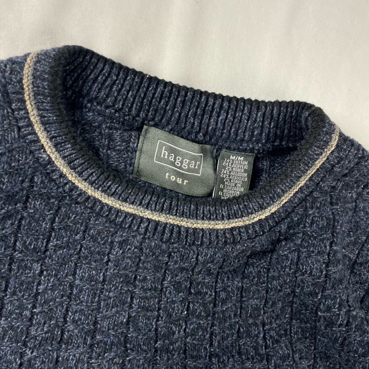 US Vintage 80s-90s HAGGAR コットン アクリル 立体 3D 刺繍 ゴルフ アーガイルチェック ダイヤ メランジ 総柄 デザインニット