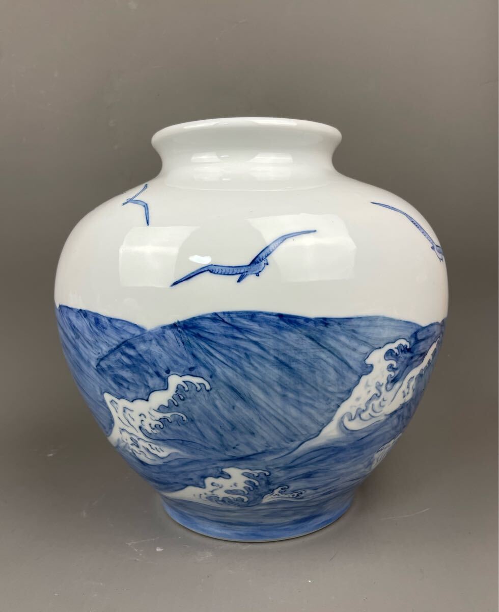 平戸 三川内焼 染付 海鳥 波の絵 高さ約26cm 作家物 在銘 花瓶