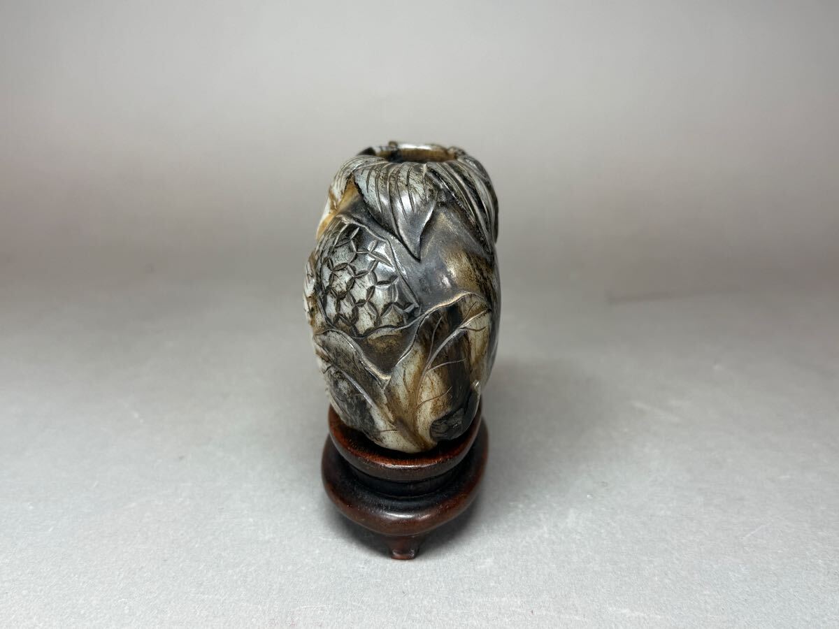 玉石 bZ 明時代玉石彫刻 多子多福 蝉 花卉 木製台座 縁起物 時代物