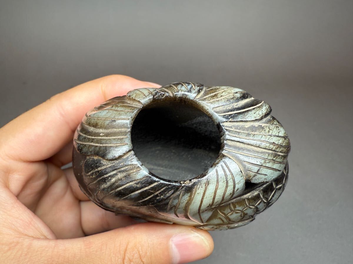 bZ 明時代玉石彫刻 多子多福 蝉 花卉 木製台座 縁起物 時代物