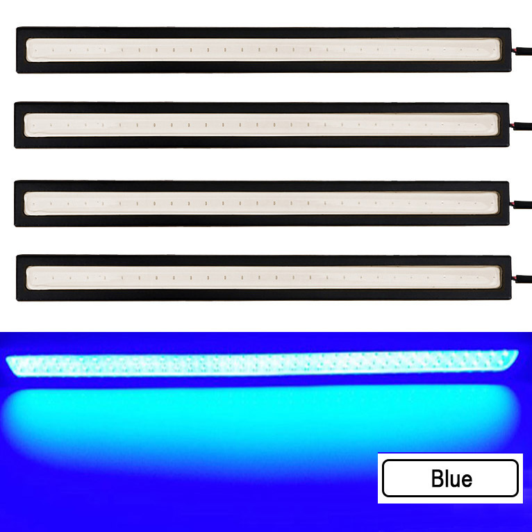 【４個(gè)セット】 LED デイライト バーライト COB 全面発光 (青) / 17㎝ 12V 両面テープ付き