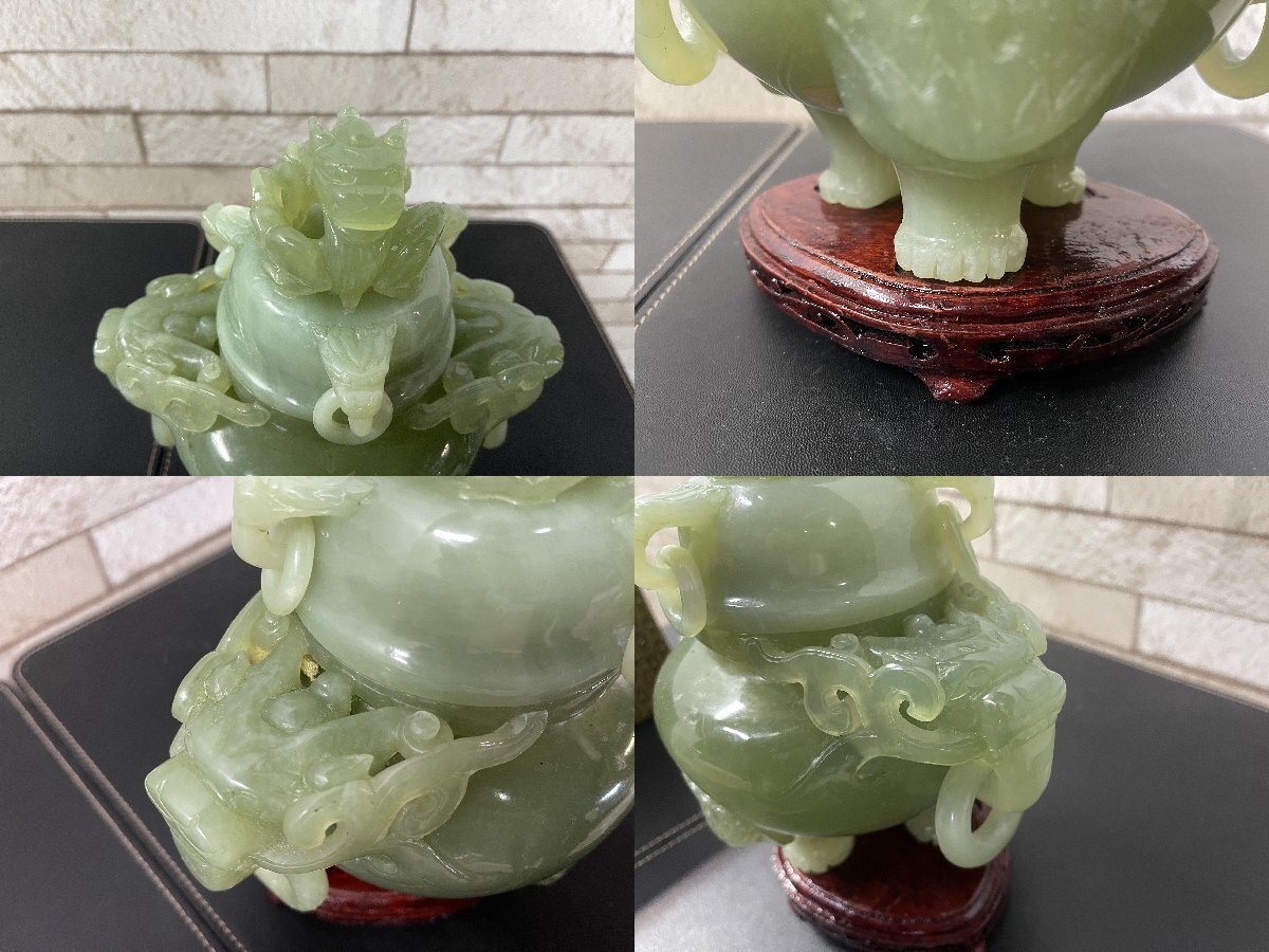 □中国美術 翡翠三足香炉 置物 天然石 共箱付 台座付 香道具 古 □中国美術 翡翠三足香炉 置物 天然石 共箱付 台座付 香道具 古