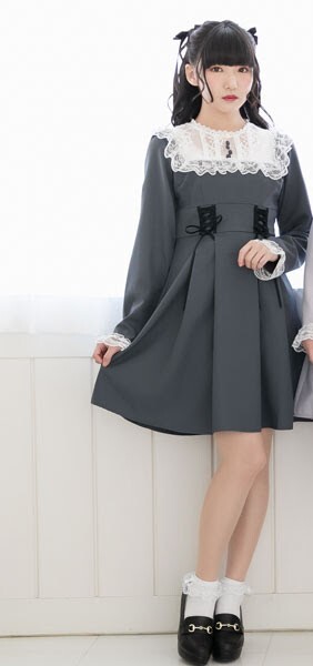 ■DearMyLove■メイドレースヨークドールワンピース チャコール 3L■グレー灰色黒リボン編み上げクラシカルロリータロリィタガーリー量産型