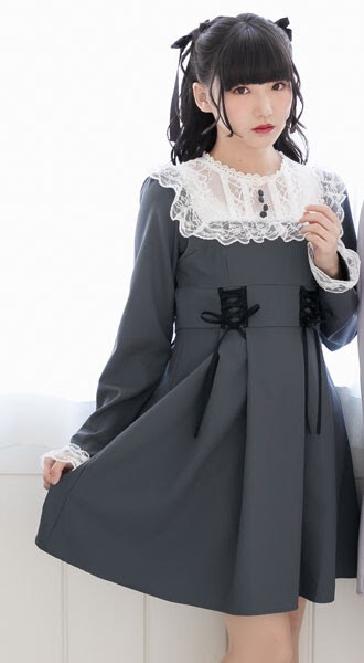 ■DearMyLove■メイドレースヨークドールワンピース チャコール 3L■グレー灰色黒リボン編み上げクラシカルロリータロリィタガーリー量産型