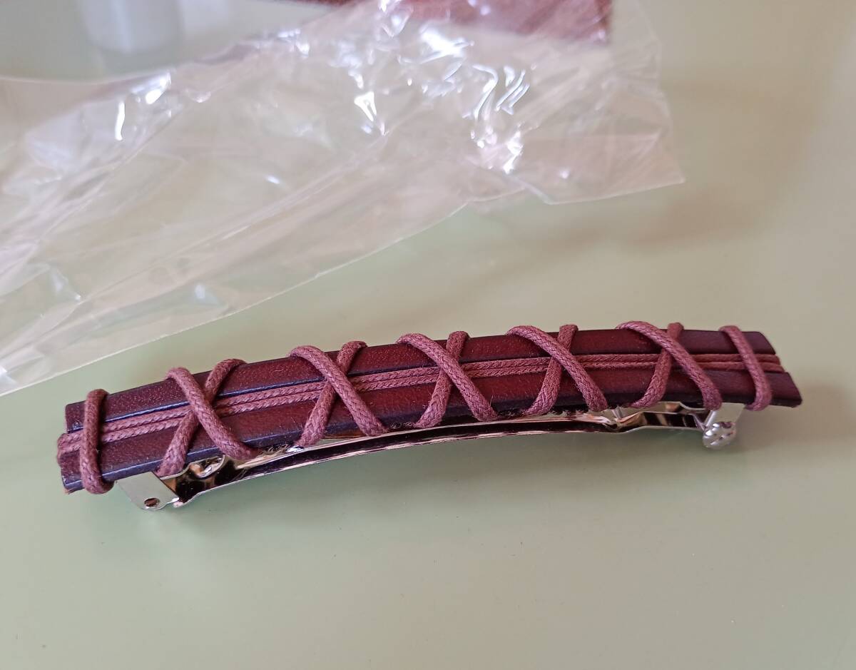 レトロ Italian Leather イタリアンレザー 編込み 茶色 髪留め バレッタ アクセサリー レザー_画像2