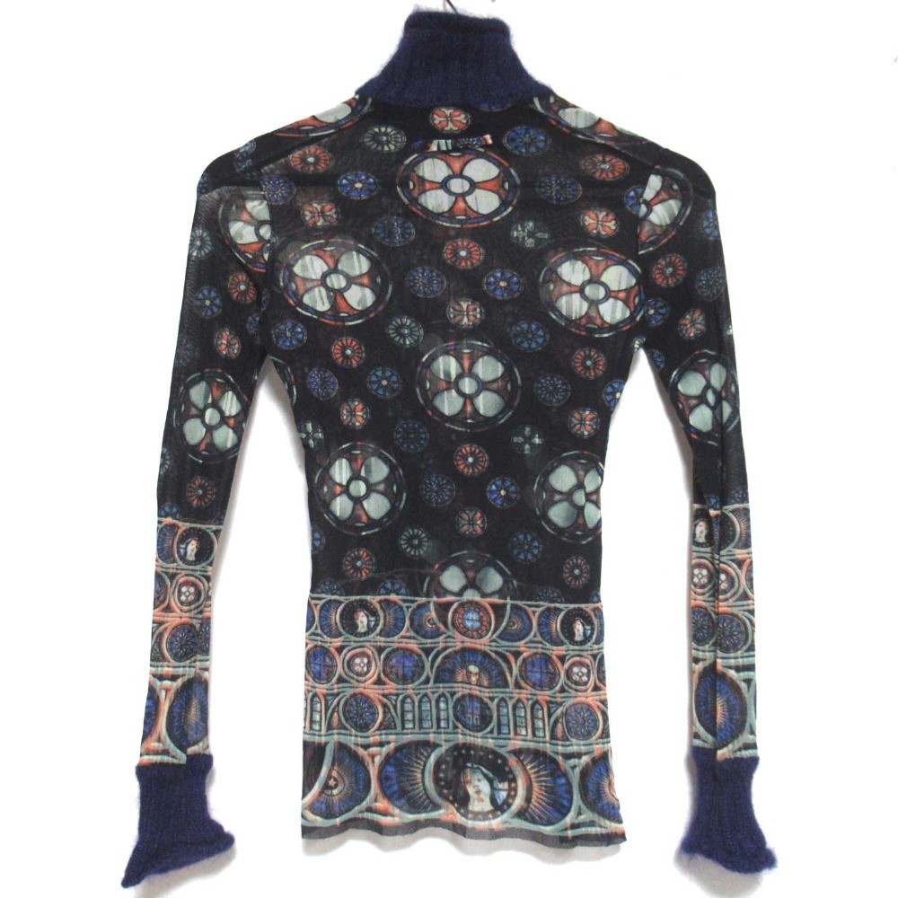 美品 Jean Paul Gaultier ジャンポールゴルチエ FUZZI 総柄 長袖 ロングスリーブ ニット切替 パワーネット カットソー ブラック