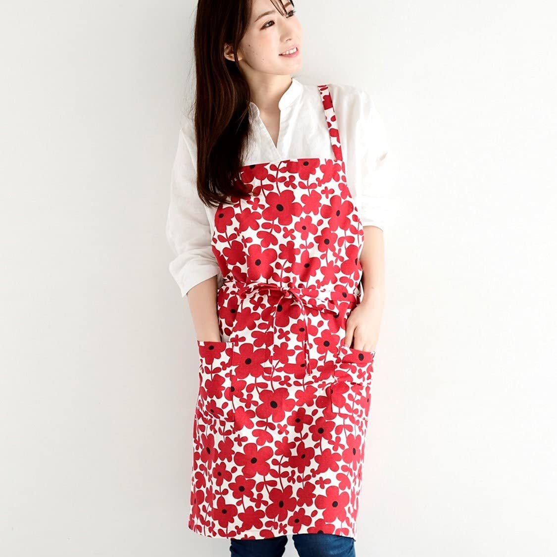 レッド セルマ) 1056 (アビチュアル 着丈73cm カフェエプロン RE 大人用 花柄 ポケット2個付き プレゼント 北欧