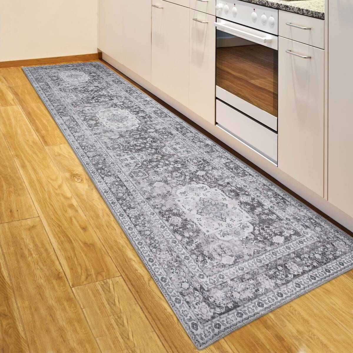 グレー 滑り止め オールシーズン カーペット 防ダニ 廊下 60x240CM マット ラグ 防臭 ペルシャ風 おしゃれ 台所マット