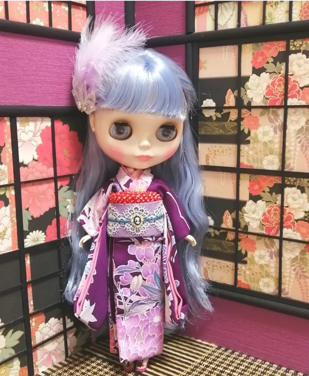 【夢(mèng)人屋呉服店】 ブライス Blythe ネオブライス アウトフィット 著物　正絹　京友禪　フワフワ髪飾りのお著物セット