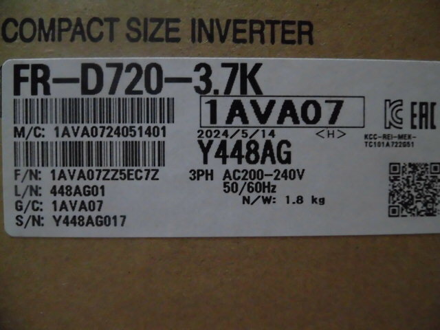 三菱電機 インバータ FREQROL FR-D720-3.7K 2024年8月9日製造 国内より落札当日発送可 新品 未使用 ６ヶ月保証