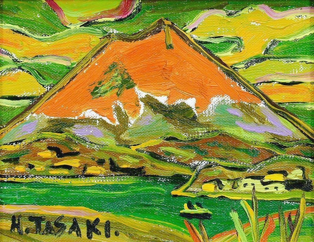 真作】【WISH】田崎広助「朱富士」油彩 0号 共シール ◇赤富士 真作】【WISH】田崎広助「朱富士」油彩 0号 共シール ◇赤富士