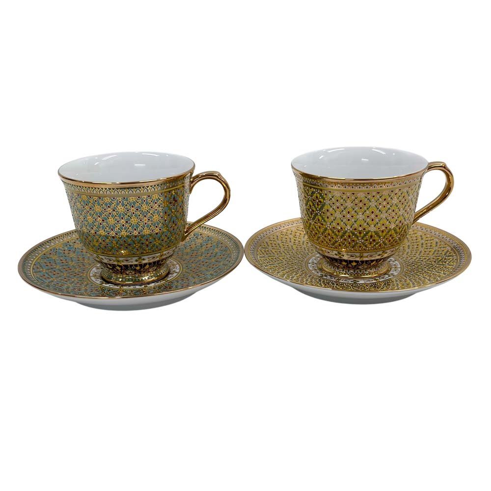 25-1003 【未使用品】 パトラ カップ&ソーサー ベンジャロン焼 グリーン系 イエロー系 ゴールド系 コーヒーカップ 食器 來客用 美品 PATRA