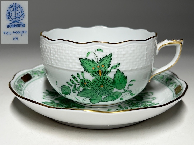 ヘレンド Herend アポニー グリーン カップ＆ソーサー 2客 Apponyi Green 724 AV ティーカップ ペア #2 HEREND ヘレンド アポニーグリーン カップ\u0026ソーサー 洋食器 金彩 1客