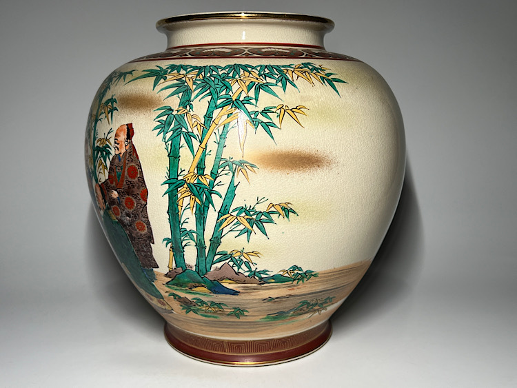 瑞】九谷陶勝作 色絵 竹林七賢図 大花瓶 高:30.8cm(花器 瑞】九谷陶勝作 色絵 竹林七賢図 大花瓶 高:30.8cm(花器