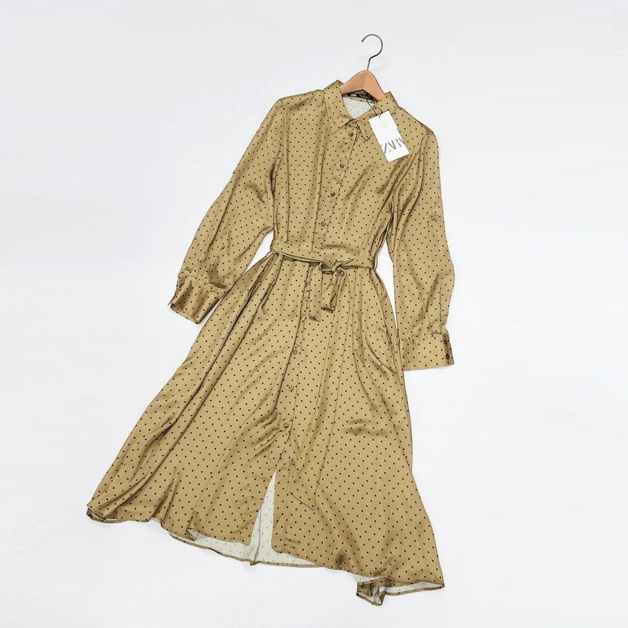 ZARA /L/ ベージュ ロングワンピース 長袖ドットドレス レディース タグ付き カジュアル ベルト フェミニン 大人可愛い生地 ガーリー ザラ_画像2