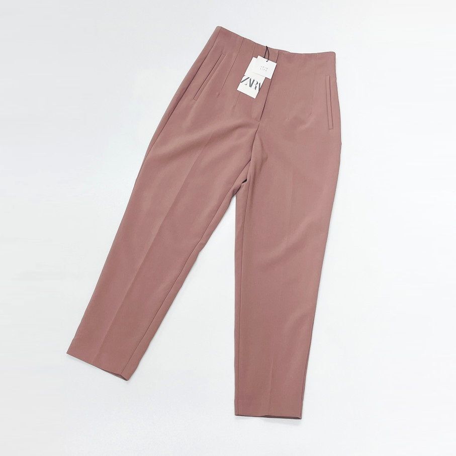 ZARA /M/ ピンク ハイウエストパンツ タグ付き レディース オフィスカジュアル ボトム 通勤 生地 ストレッチ 大人可愛い ホワイトロゴ ザラ