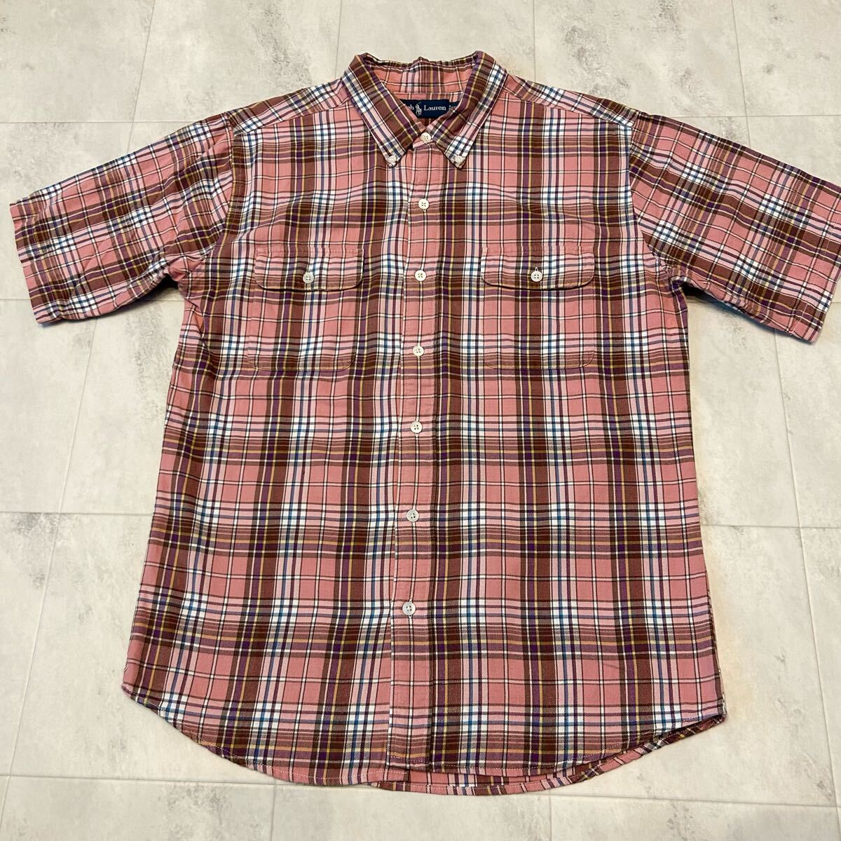 希少 90s 00s Ralph Lauren ラルフローレン チェック柄 ダブルポケット ポニー無(wú)し ボタンダウン ビンテージ 半袖シャツ INDIA制 sizeXXL