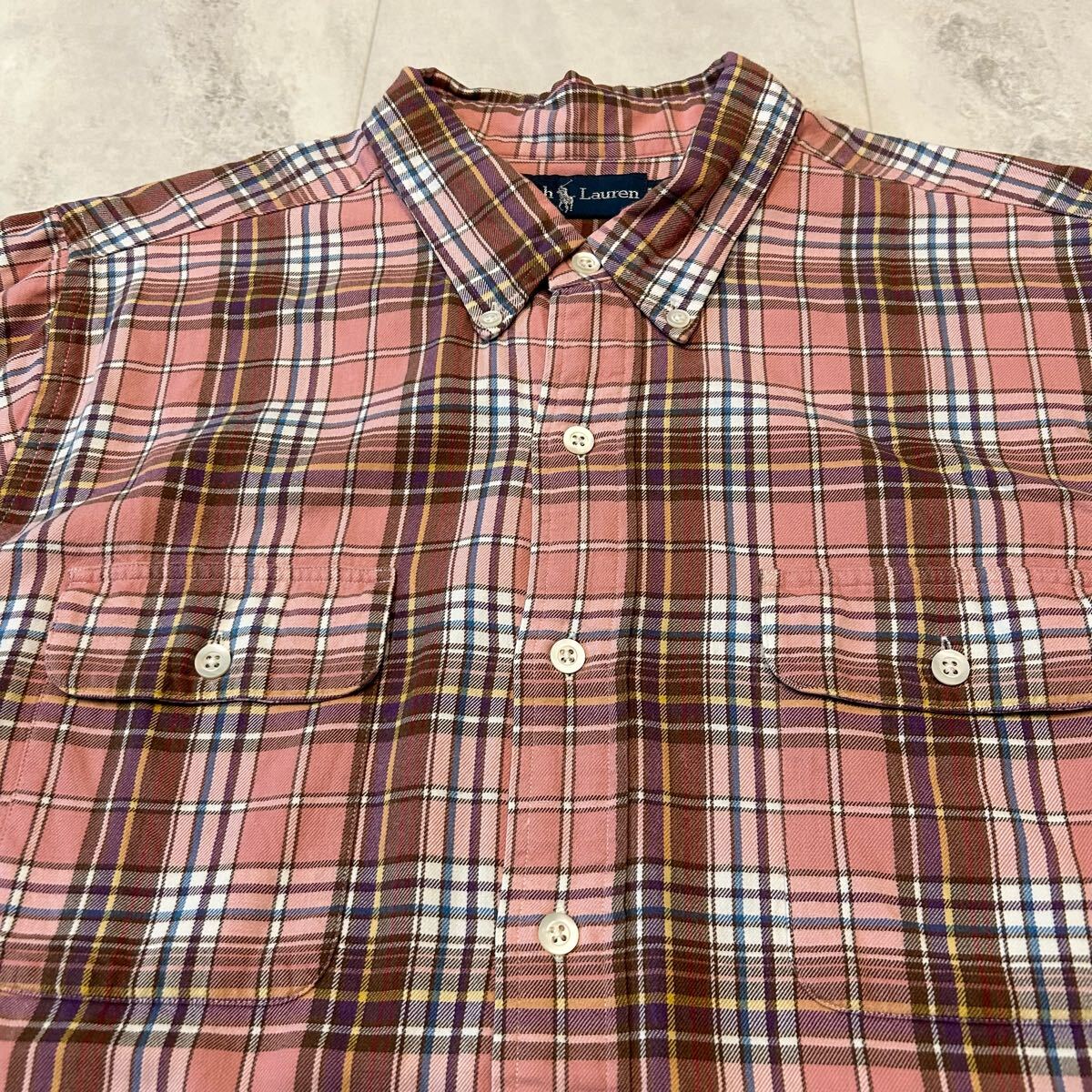 希少 90s 00s Ralph Lauren ラルフローレン チェック柄 ダブルポケット ポニー無(wú)し ボタンダウン ビンテージ 半袖シャツ INDIA制 sizeXXL