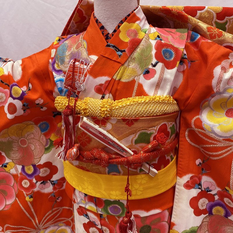 ◎七五三 七歳 女児 アンティーク ねじり梅 著物&袋帯&長(zhǎng)襦袢 濃いオレンジ◎ 503ag23