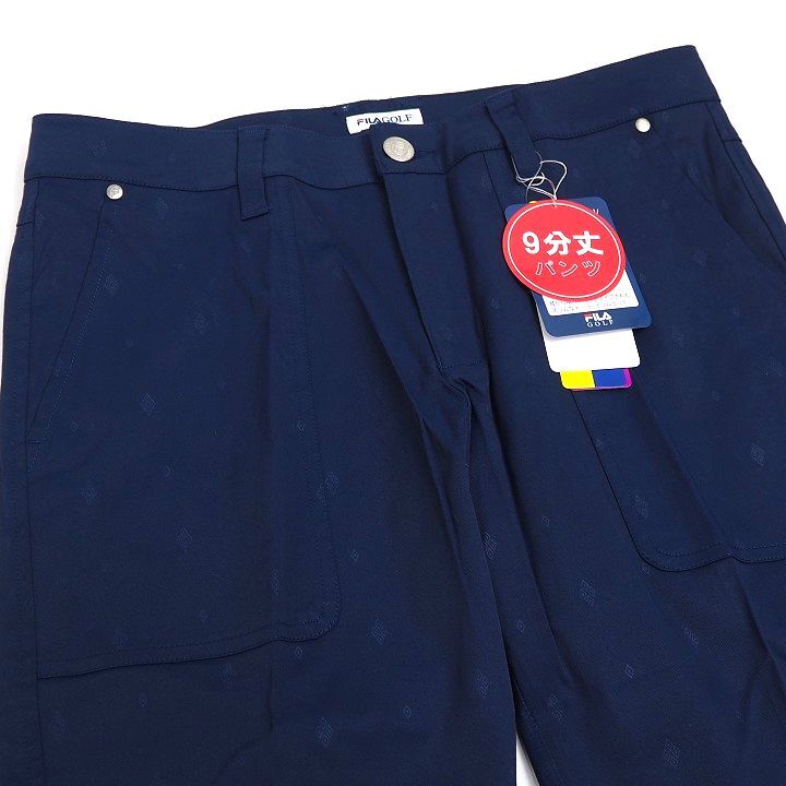 R744 新品 FILA GOLF フィラ ゴルフ ９分丈 テーパード パンツ ストレッチ エンボス総柄 Dカン ネイビー 90