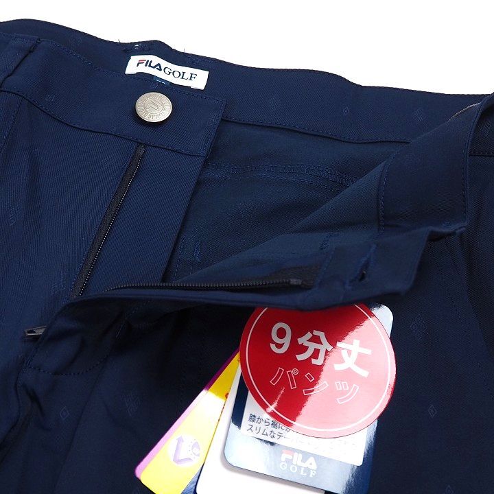 R744 新品 FILA GOLF フィラ ゴルフ ９分丈 テーパード パンツ ストレッチ エンボス総柄 Dカン ネイビー 90