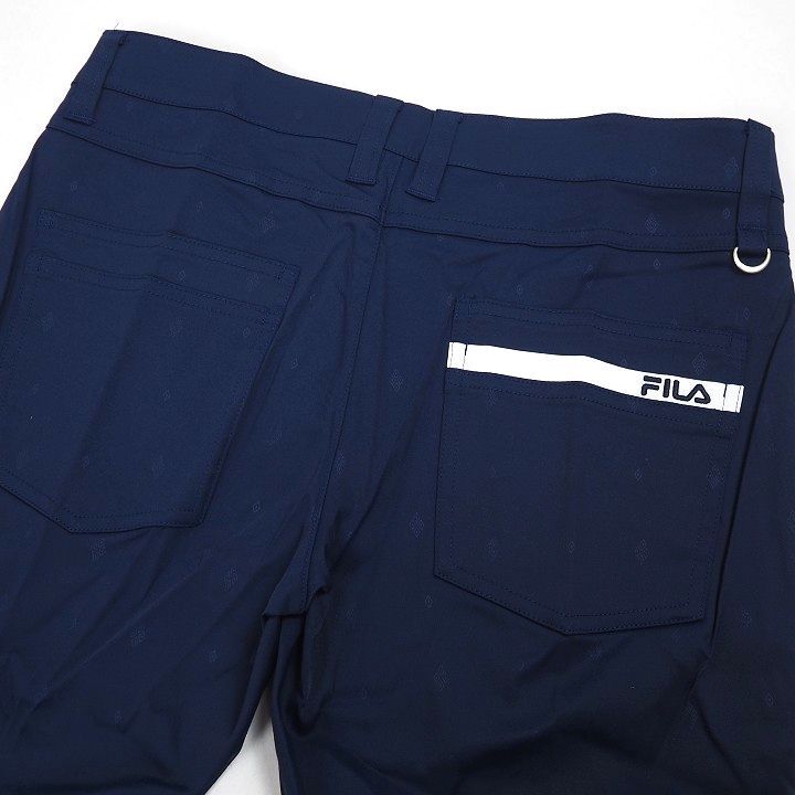 R744 新品 FILA GOLF フィラ ゴルフ ９分丈 テーパード パンツ ストレッチ エンボス総柄 Dカン ネイビー 90