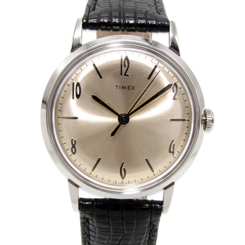 美品 TIMEX タイメックス TW2R47900 マーリンOG 手巻き Marlin 34mm 復刻 レザー 型押し アナログ メンズ レディース シルバー 28009531