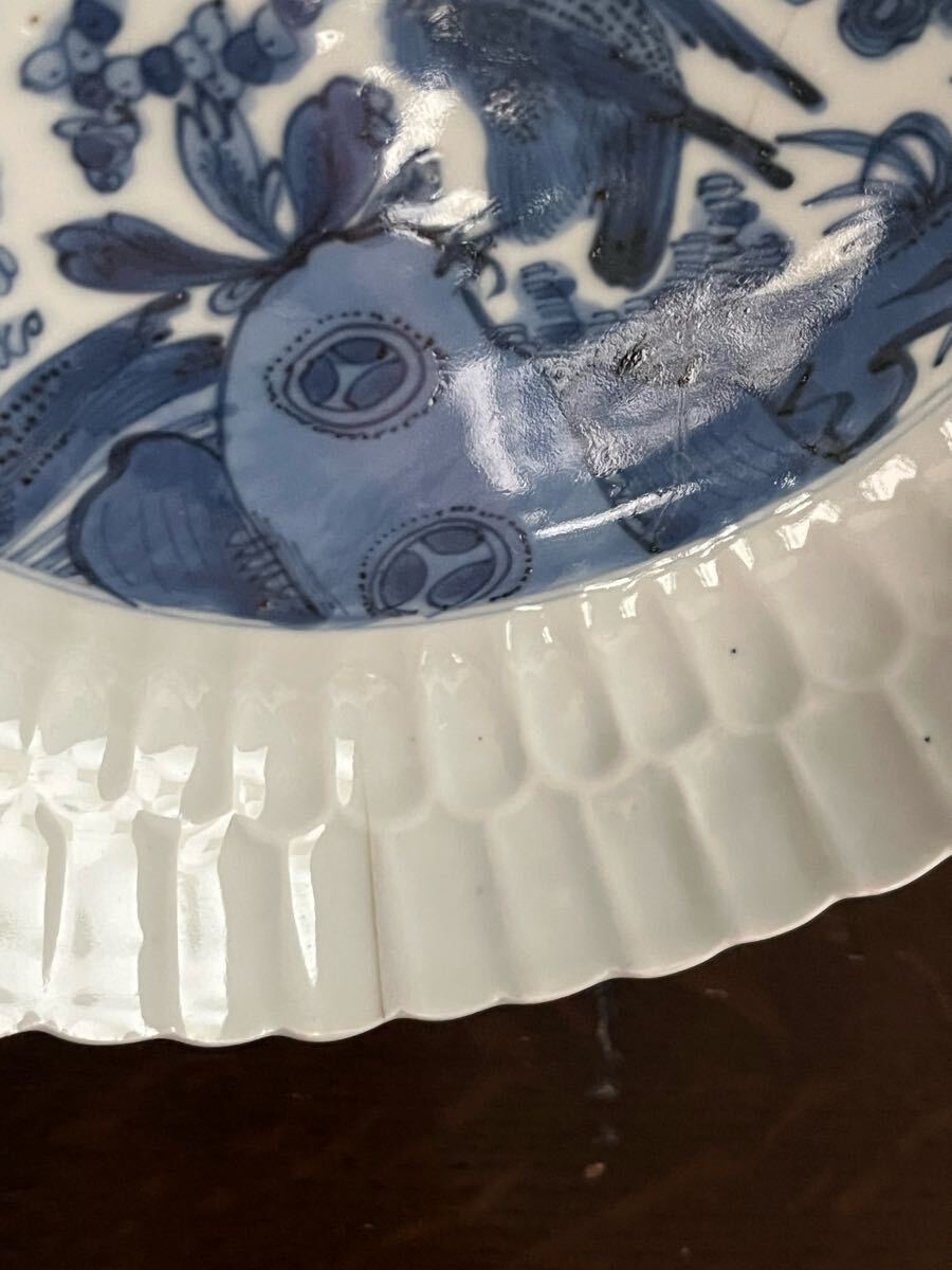 中國古美術　明代　古染付　鷹水禽文　菊花形七寸皿　鳥　蟲　月　輪花皿　中國古玩　古伊萬里　藍九谷