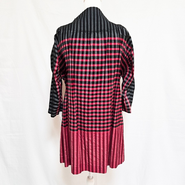 #apc イッセイミヤケ ISSEYMIYAKE シャツジャケット 2 赤 黒 グレー ドルマン チェック チュニック スタンドカラー レディース [865283]