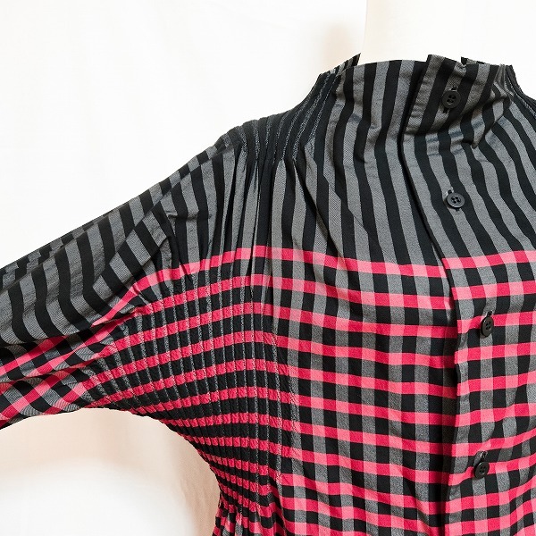 #apc イッセイミヤケ ISSEYMIYAKE シャツジャケット 2 赤 黒 グレー ドルマン チェック チュニック スタンドカラー レディース [865283]