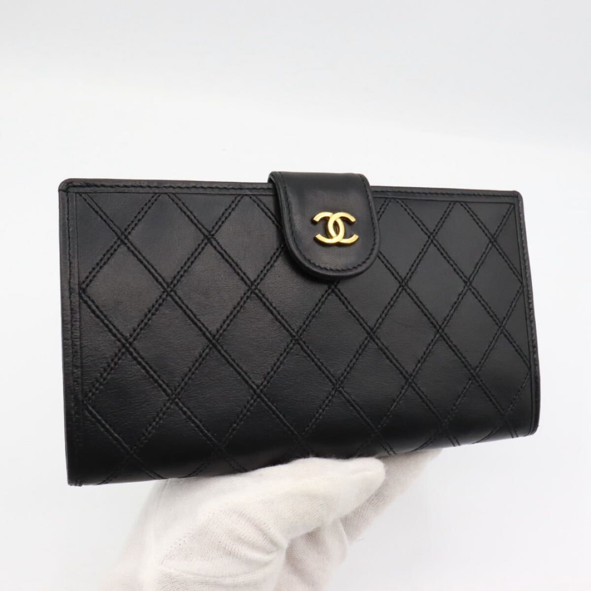 CHANEL 美品 シャネル ビコローレ がま口 長財布 ブラック