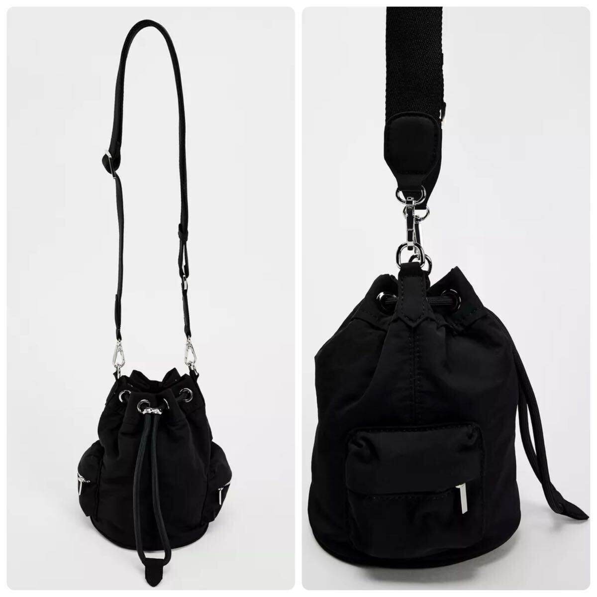 【ZARA】 海外限定 バケットバッグ 巾着バッグ バッグインバッグ ZARA テクニカルファブリック ミニバケットバッグ 巾着型