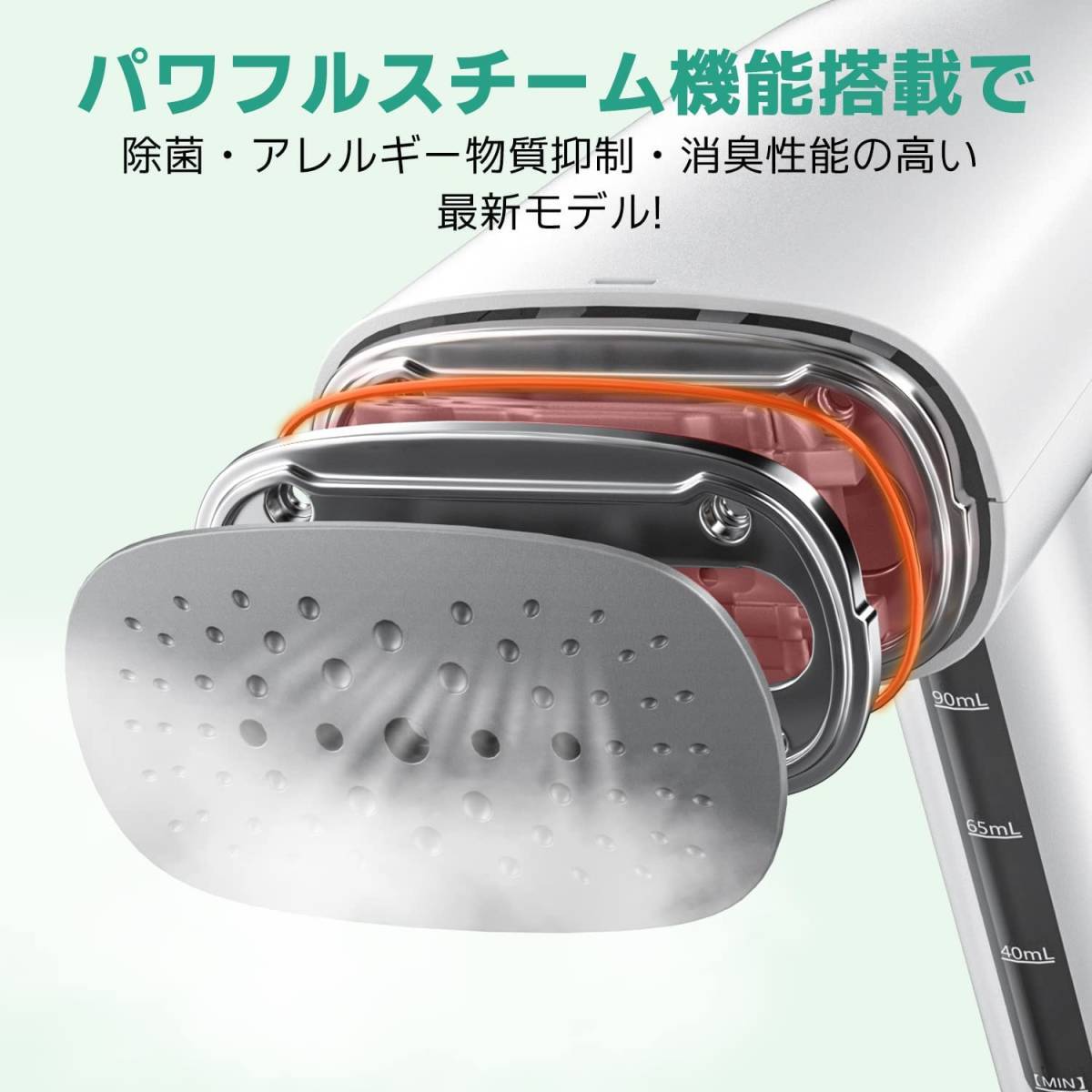 新品このスチームアイロンの特長である大量ジェットスチームを1分間に最大30g