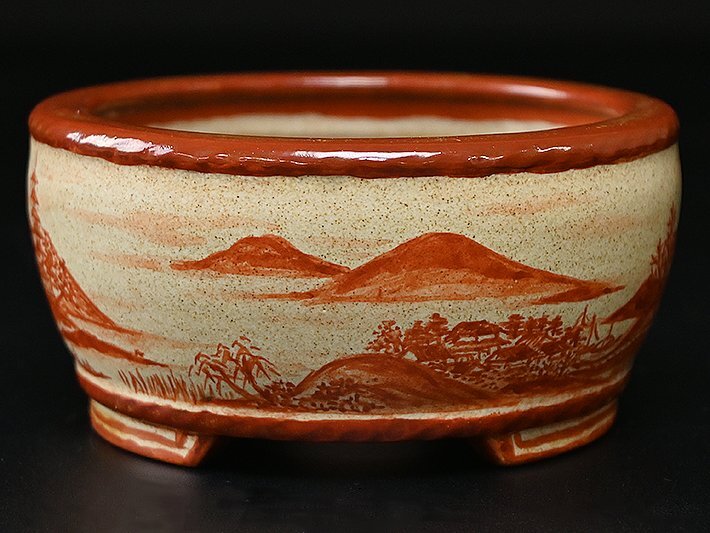 平安 香山 造 香翁画 赤絵 芥子図 丸鉢 箱付 y040209 】植木鉢 平安 香山 造 香翁画 赤絵 芥子図 丸鉢 箱付 y040209 】植木鉢