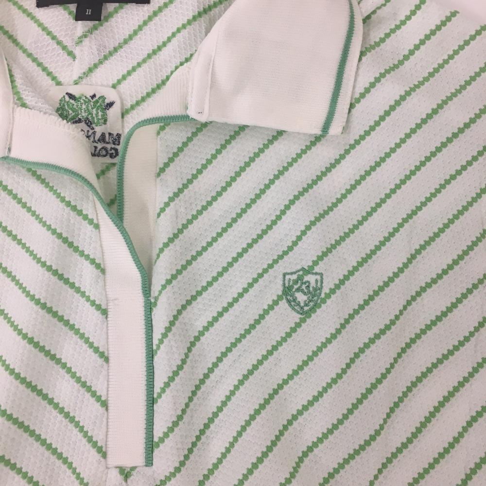 【美品】23區(qū)スポーツ 半袖スキッパーシャツ 白×ライトグリーン 斜めストライプ MANGILAO GOLF CLUB レディース Ⅱ(L) ゴルフウェア 23區(qū)