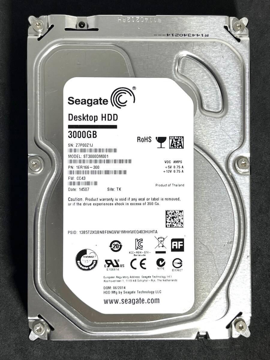 ★ 3TB ★　ST3000DM001　/　Seagate　稼働極少　ST3000DM001-1ER166　FW: CC43　3.5インチ 内蔵HDD SATA
