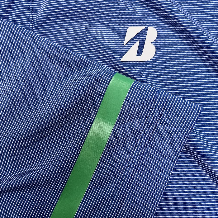 ブリヂストン ゴルフ ポロシャツ マイクロボーダー Tシャツ生地 半袖 ポリエステル×ポリウレタン M ブルー 青×緑×黒 メンズ_画像3