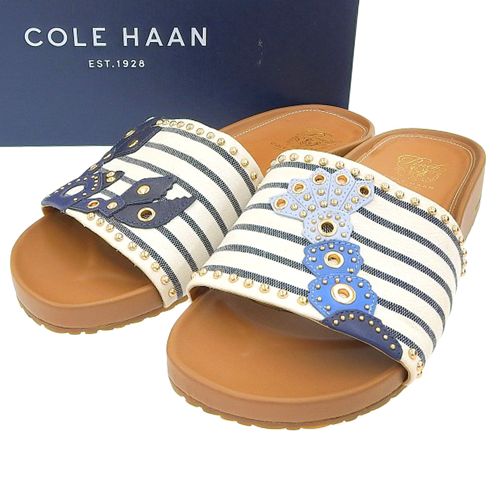 【本物保証】 箱付 美品 コールハーン COLE HAAN サンダル フラット スリッパ キャンバス スタッズ ボーダー 夏 サマー エビ 6 1/2B W11517