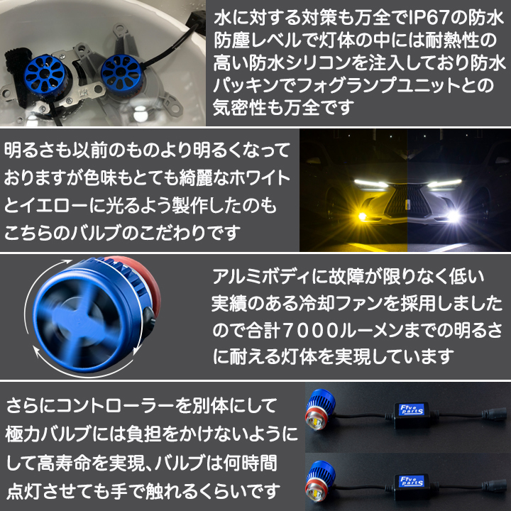 クラウン 220系 新メモリー方式 イエロー ホワイト 2色切替え L1B LEDフォグランプ 車検対応 7000lm 220クラウン カスタム パーツ 2本組