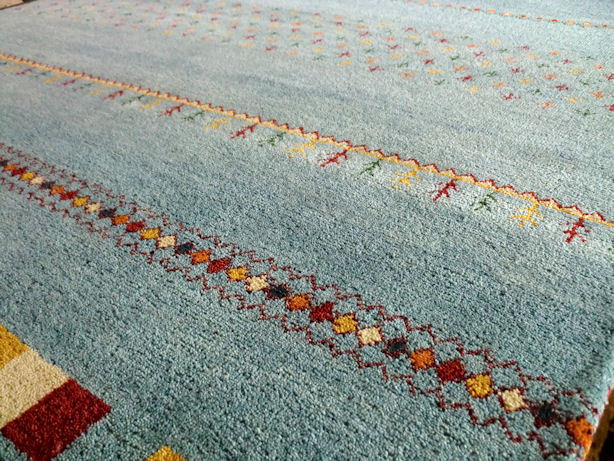 ラグマット ウール 全厚最大約20mm 薄青空色 インド手織りギャッベ 200×250 約 3畳 ギャベ ギャッベ ラグ カーペット 北欧 厚手_画像7