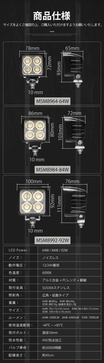 msm8984【2臺(tái)】コンパクト 84W 防水 小型 軽量 農(nóng)業(yè) 漁業(yè) 軽トラ トラック 荷臺(tái)燈 12V 24V 広角 拡散 LED ワークライト 作業(yè)燈 led 1年保証