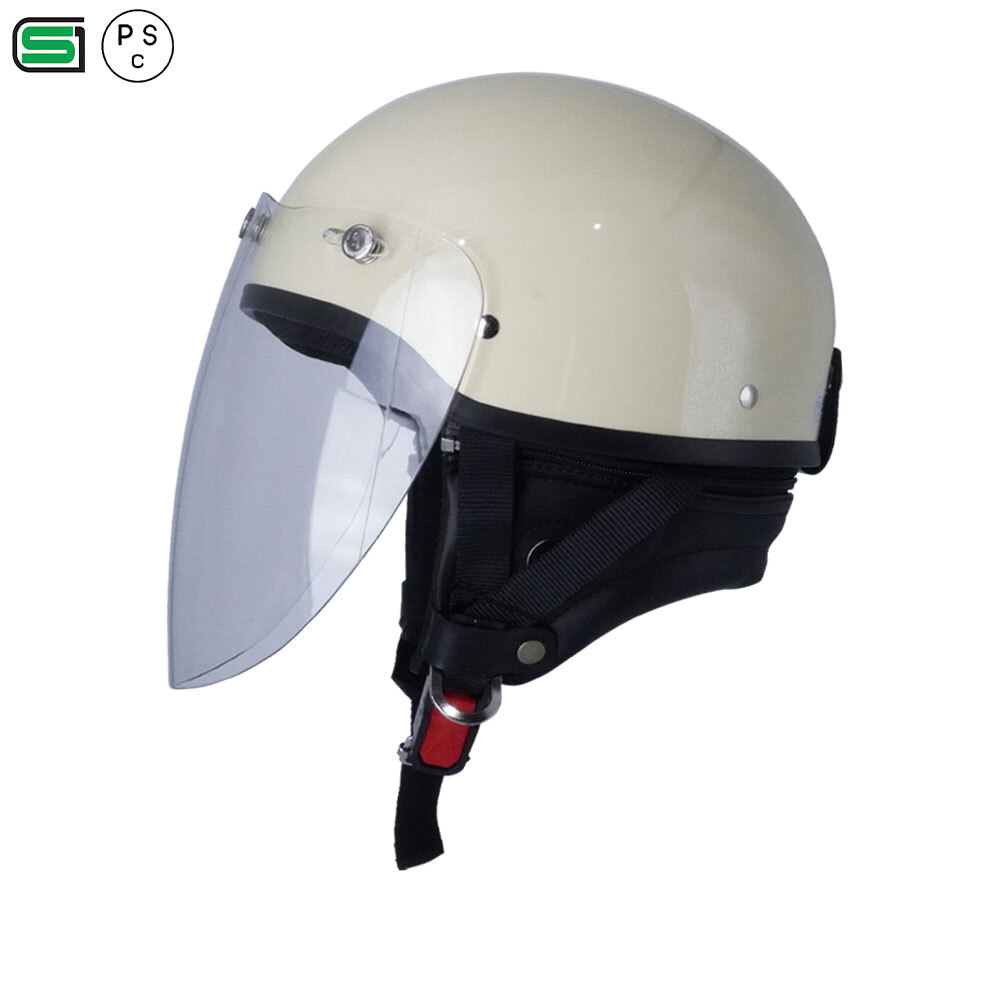 ハーフヘルメット アイボリー 付 ロング ミラーイエロー 送料無料 半ヘル バイク用 GT303 ヘルメット ノスタルジック GT-303