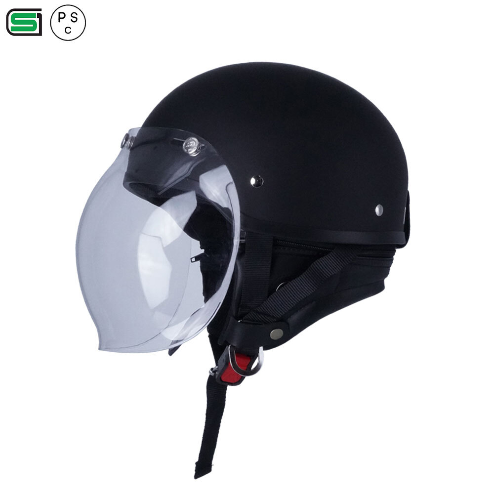 ハーフヘルメット マットブラック 付 バブル ミラーイエロー 送料無料 半ヘル バイク用 GT303 ヘルメット ノスタルジック GT-303